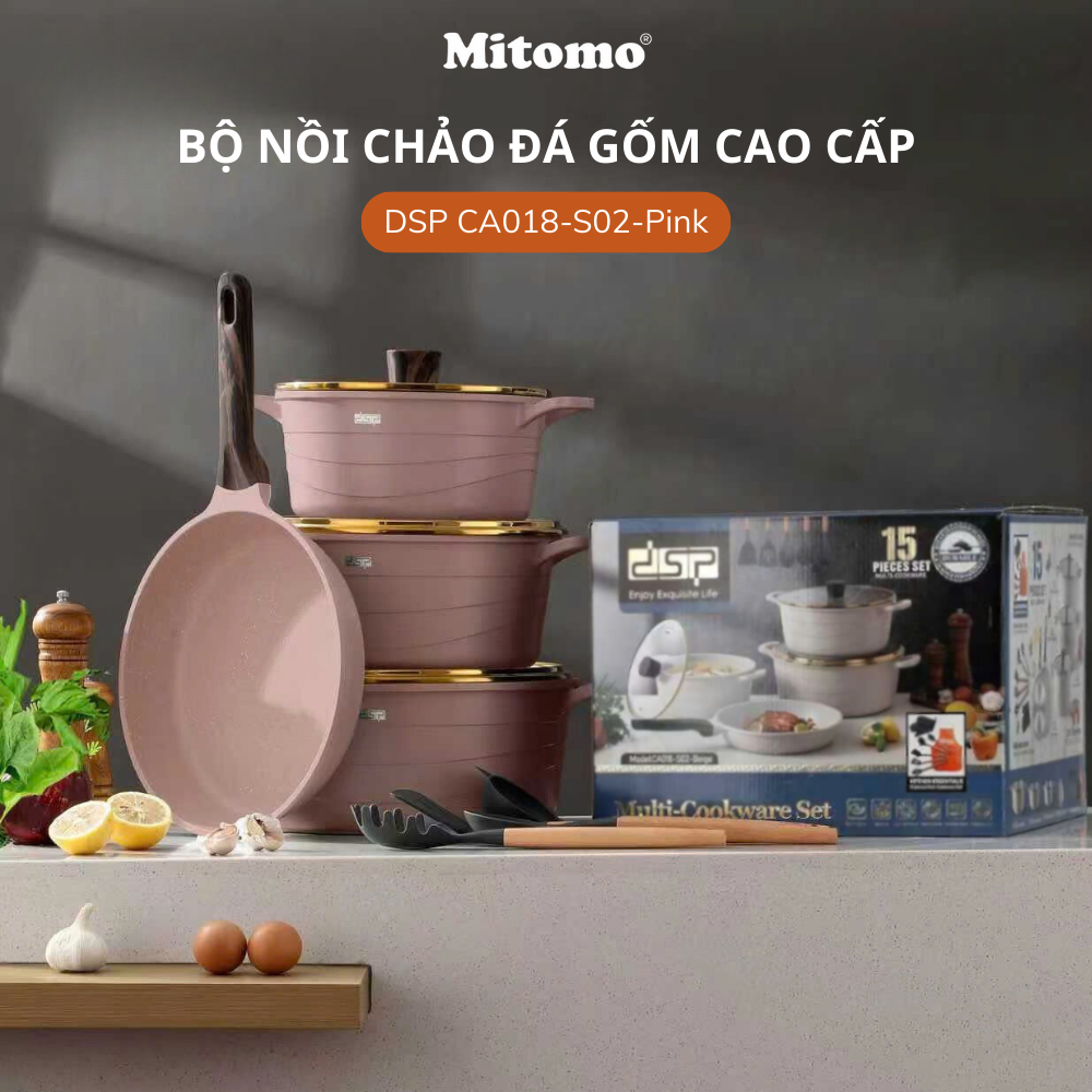 Bộ nồi chảo đá gốm cao cấp Mitomo DSP CA018-S02-Pink