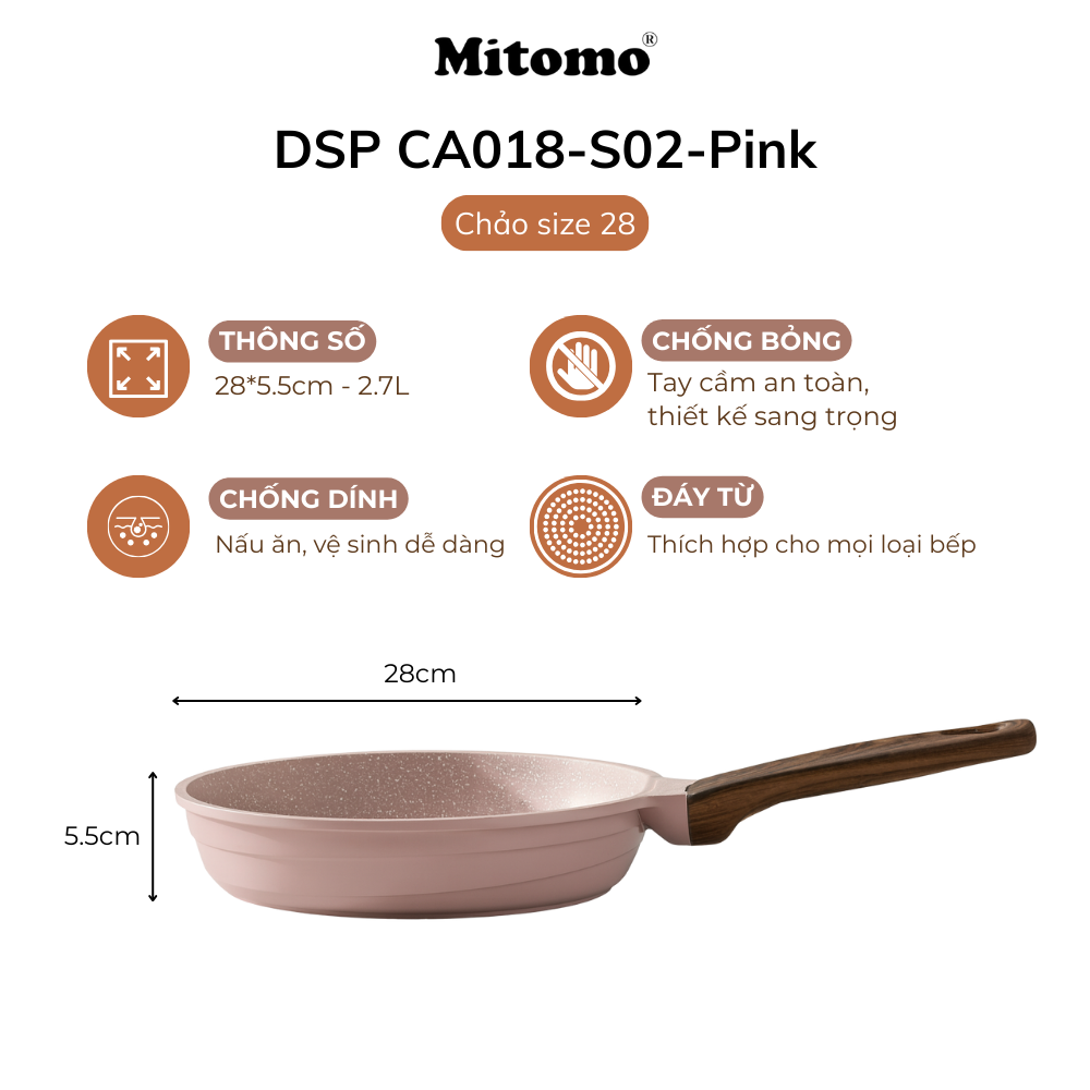 Bộ nồi chảo đá gốm cao cấp Mitomo DSP CA018-S02-Pink