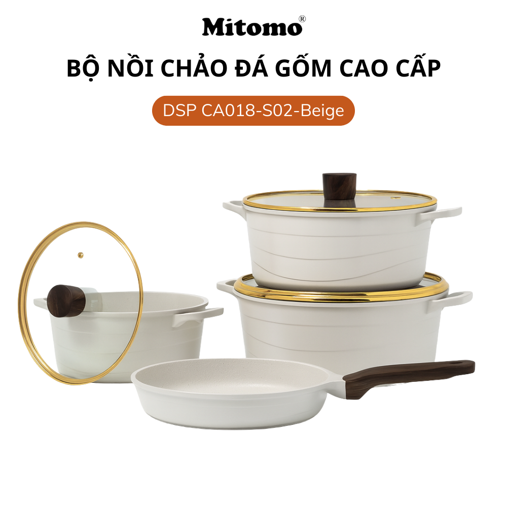 Bộ nồi chảo đá gốm cao cấp Mitomo DSP CA018-S02-Beige