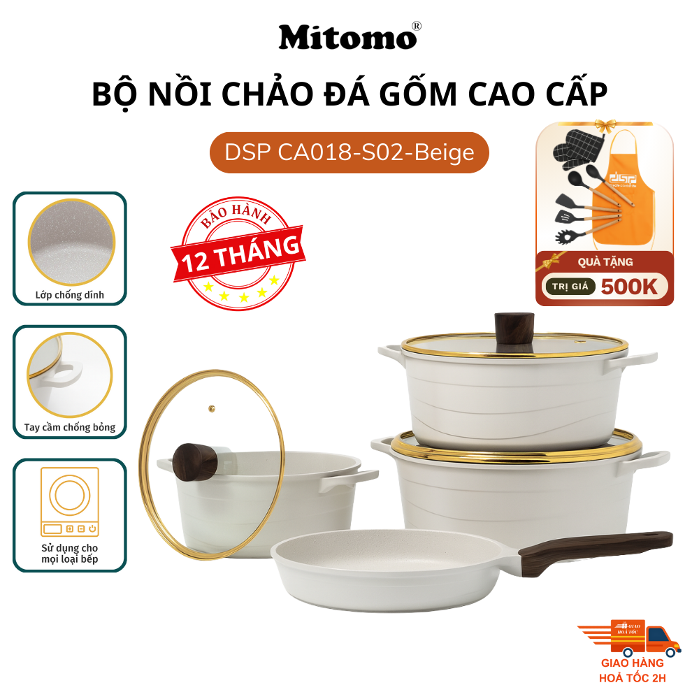 Bộ nồi chảo đá gốm cao cấp Mitomo DSP CA018-S02-Beige