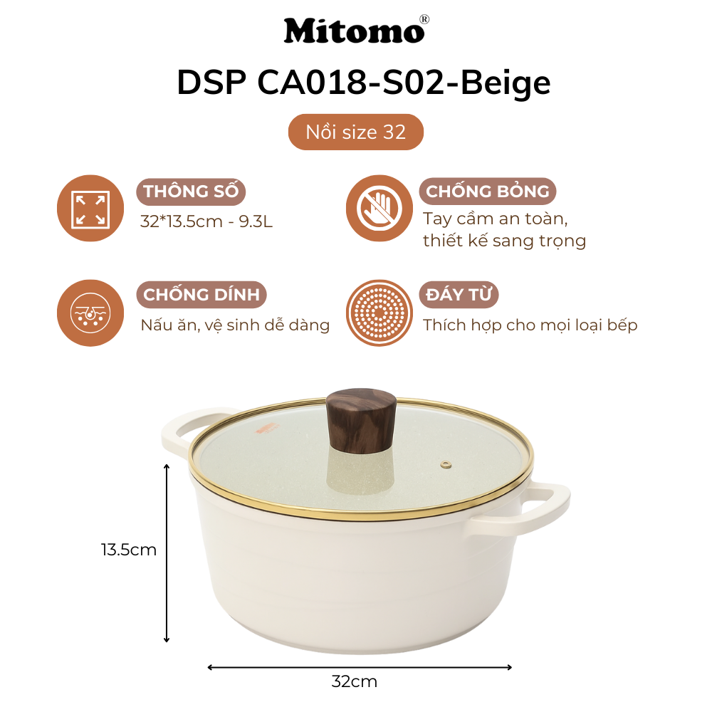 Bộ nồi chảo đá gốm cao cấp Mitomo DSP CA018-S02-Beige