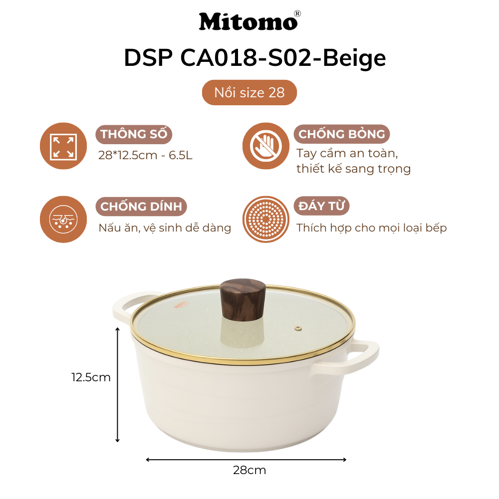 Bộ nồi chảo đá gốm cao cấp Mitomo DSP CA018-S02-Beige