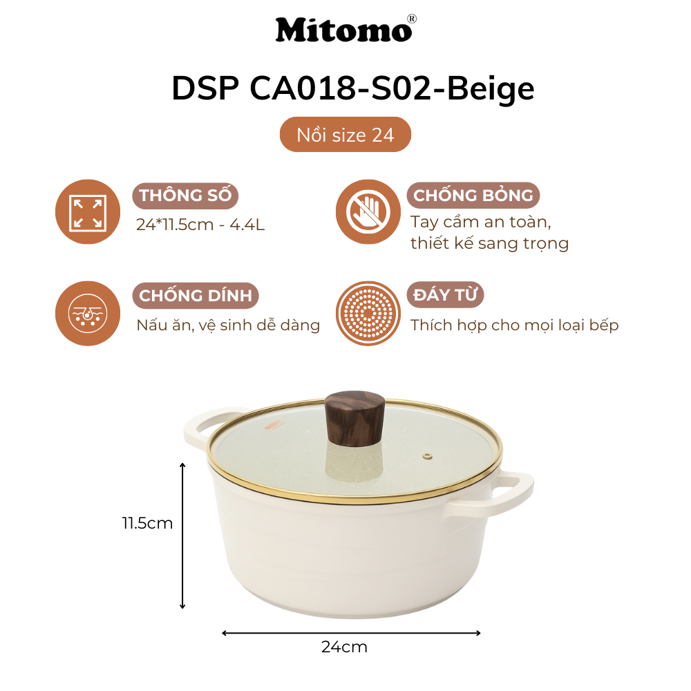 Bộ nồi chảo đá gốm cao cấp Mitomo DSP CA018-S02-Beige