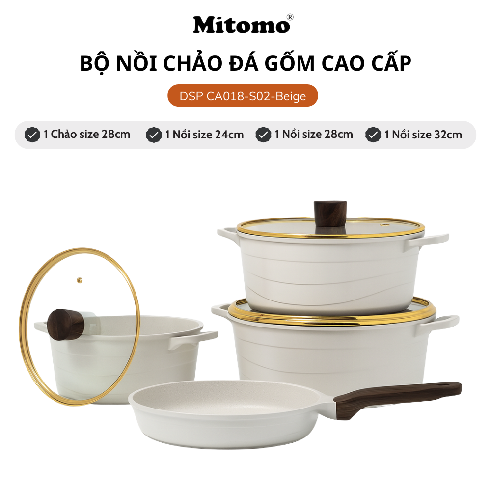 Bộ nồi chảo đá gốm cao cấp Mitomo DSP CA018-S02-Beige