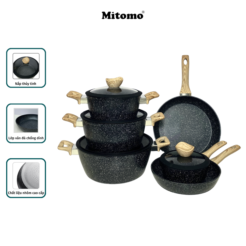 Bộ nồi chảo vân đá 6 món chống dính cao cấp Mitomo Queen Time Màu Đen