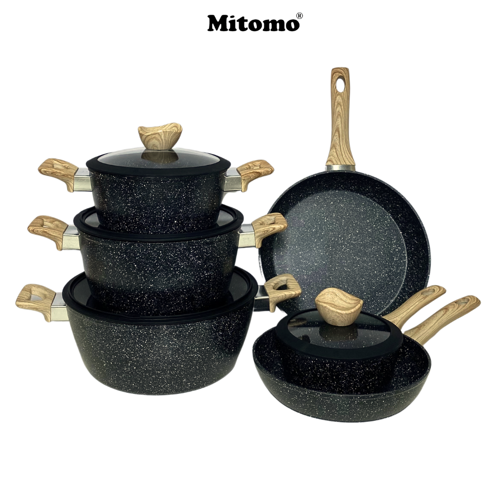 Bộ nồi chảo vân đá 6 món chống dính cao cấp Mitomo Queen Time Màu Đen
