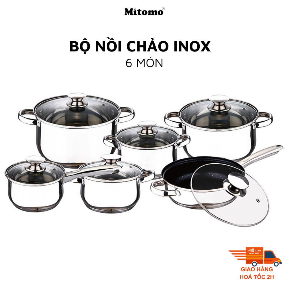 Bộ nồi inox 6 món cao cấp Mitomo Kaisa Villa KV001 Nắp Trắng - Đáy 5 Lớp Nguyên Khối