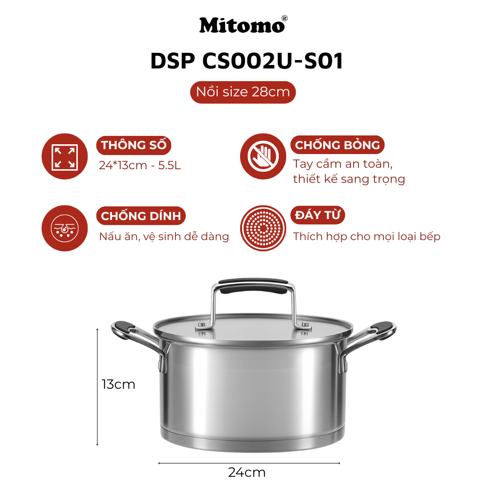 Bộ nồi chảo inox cao cấp Mitomo DSP CS002U-S02U