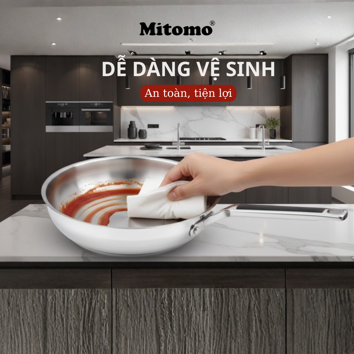 Chảo Inox Cao Cấp Mitomo DSP CS002-C24 - Inox 304 Nguyên Khối - Chống Dính Tự Nhiên