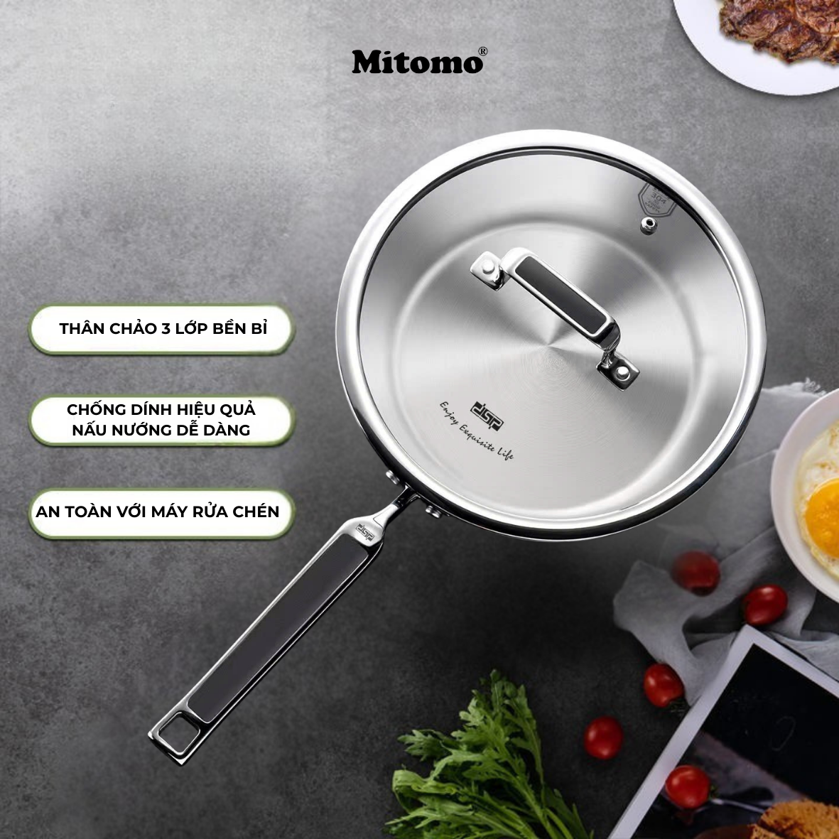 Chảo Inox Cao Cấp Mitomo DSP CS002-C24 - Inox 304 Nguyên Khối - Chống Dính Tự Nhiên