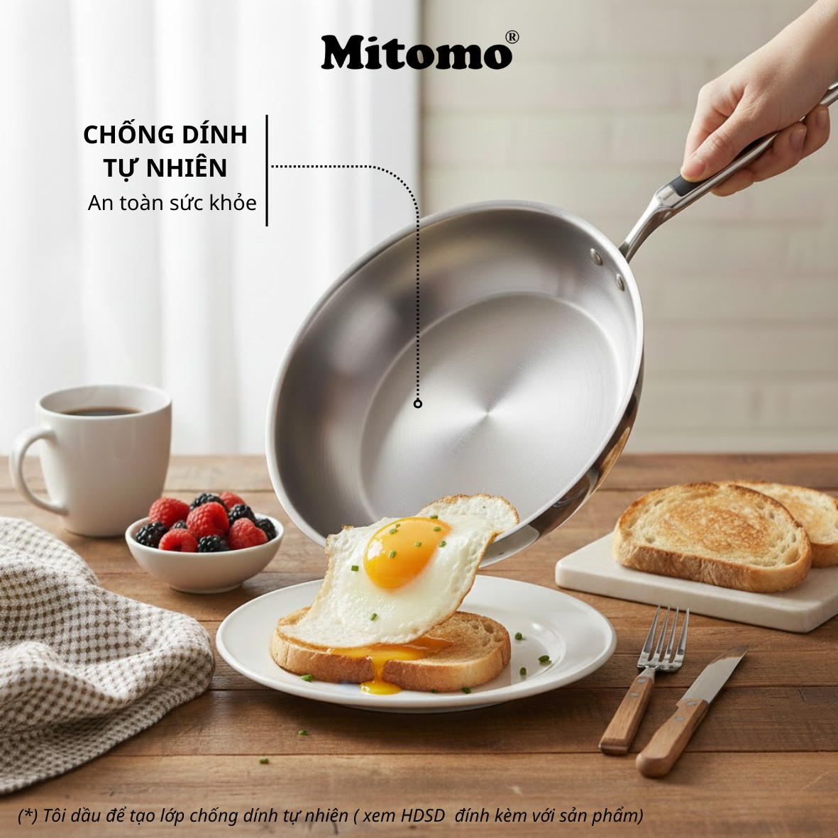 Chảo Inox Cao Cấp Mitomo DSP CS002-C24 - Inox 304 Nguyên Khối - Chống Dính Tự Nhiên