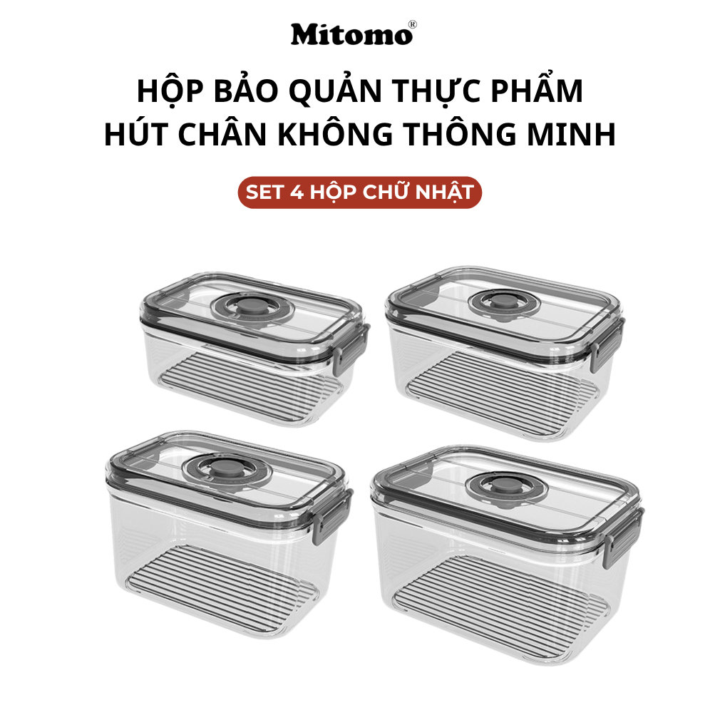 Bộ 4 Hộp Bảo Quản Thực Phẩm Hút Chân Không Thông Minh Mitomo – Giữ Tươi Lâu Gấp 3 Lần