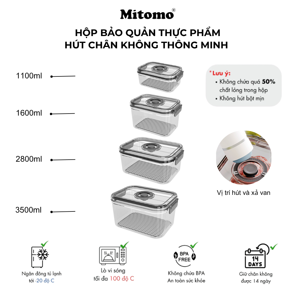 Bộ 4 Hộp Bảo Quản Thực Phẩm Hút Chân Không Thông Minh Mitomo – Giữ Tươi Lâu Gấp 3 Lần