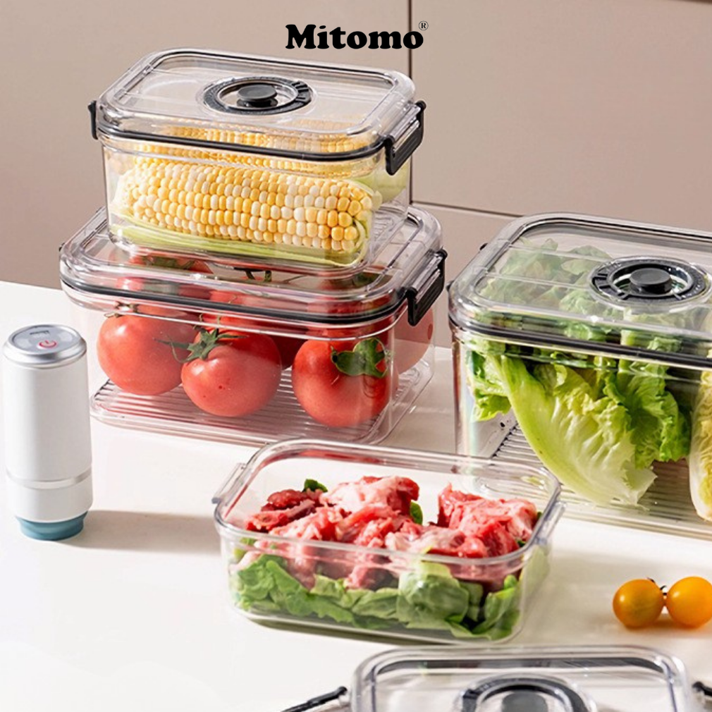 Bộ 4 Hộp Bảo Quản Thực Phẩm Hút Chân Không Thông Minh Mitomo – Giữ Tươi Lâu Gấp 3 Lần
