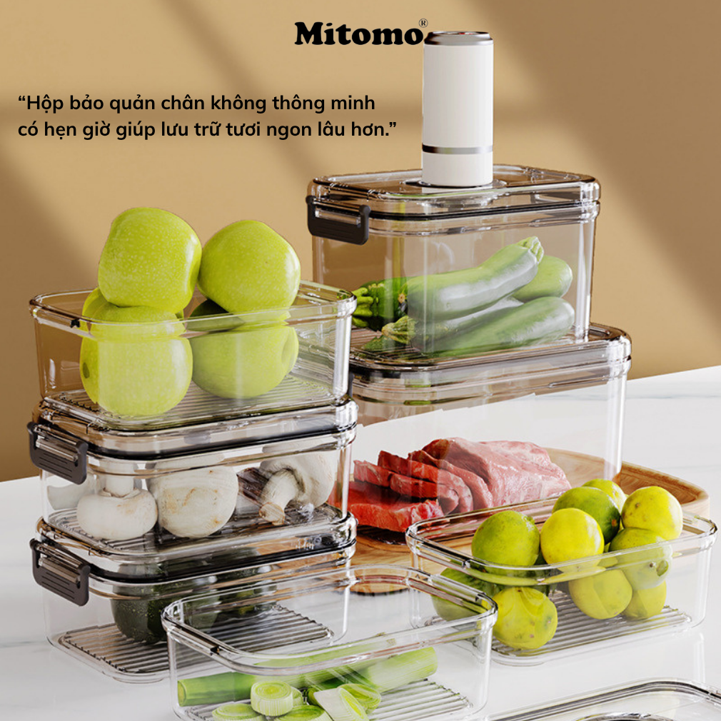 Bộ 4 Hộp Bảo Quản Thực Phẩm Hút Chân Không Thông Minh Mitomo – Giữ Tươi Lâu Gấp 3 Lần