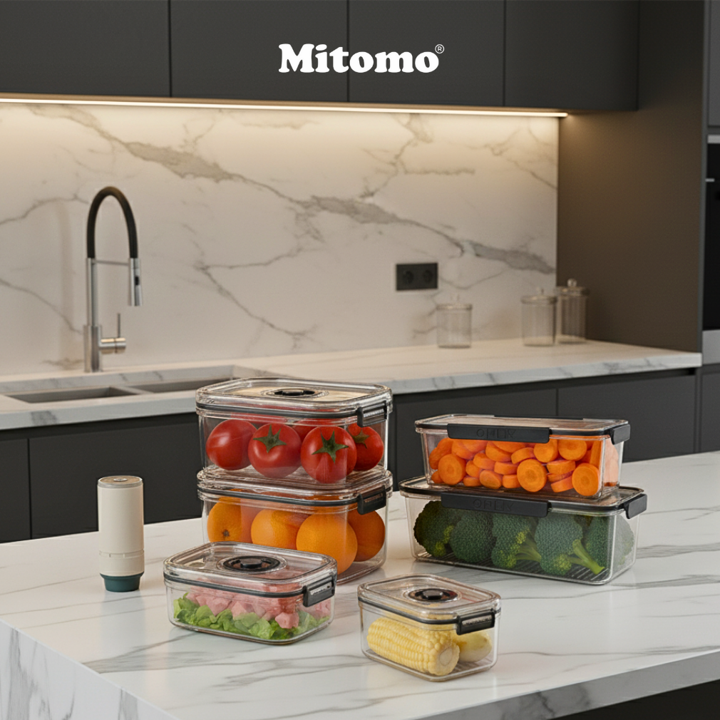 Bộ 4 Hộp Bảo Quản Thực Phẩm Hút Chân Không Thông Minh Mitomo – Giữ Tươi Lâu Gấp 3 Lần