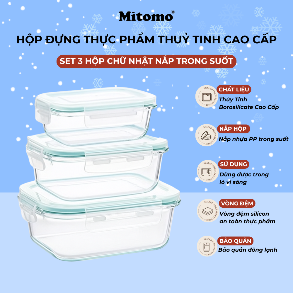 Bộ 3 Hộp Thuỷ Tinh Hình Chữ Nhật Nắp Trong Suốt Đựng Phực Phẩm Cao Cấp Mitomo