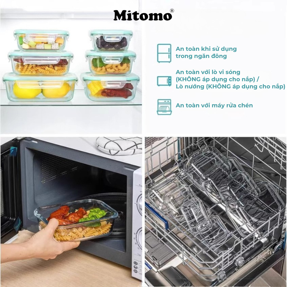 Bộ 3 Hộp Thuỷ Tinh Nắp Trong Suốt Hình Vuông Đựng Phực Phẩm Cao Cấp Mitomo