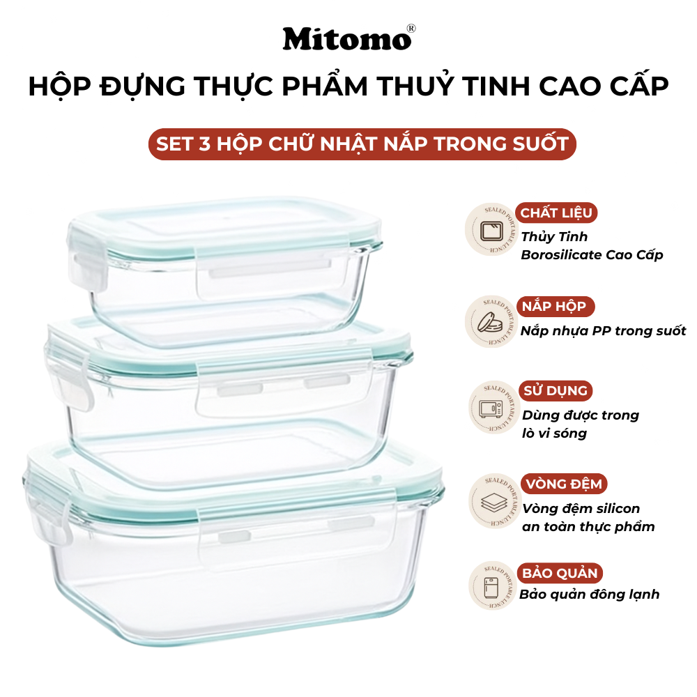 Bộ 3 Hộp Thuỷ Tinh Hình Chữ Nhật Nắp Trong Suốt Đựng Phực Phẩm Cao Cấp Mitomo
