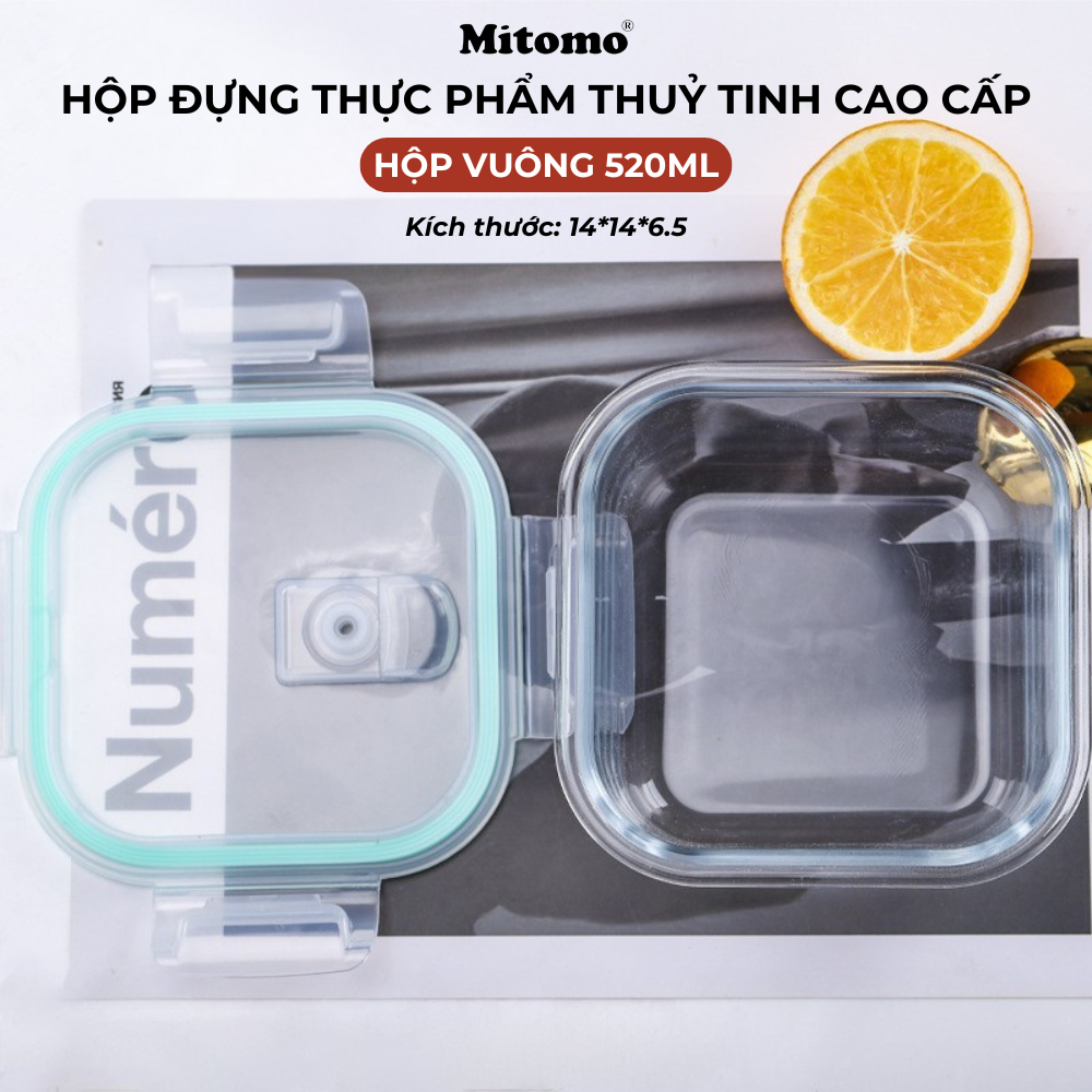 Bộ 3 Hộp Thuỷ Tinh Nắp Trong Suốt Hình Vuông Đựng Phực Phẩm Cao Cấp Mitomo