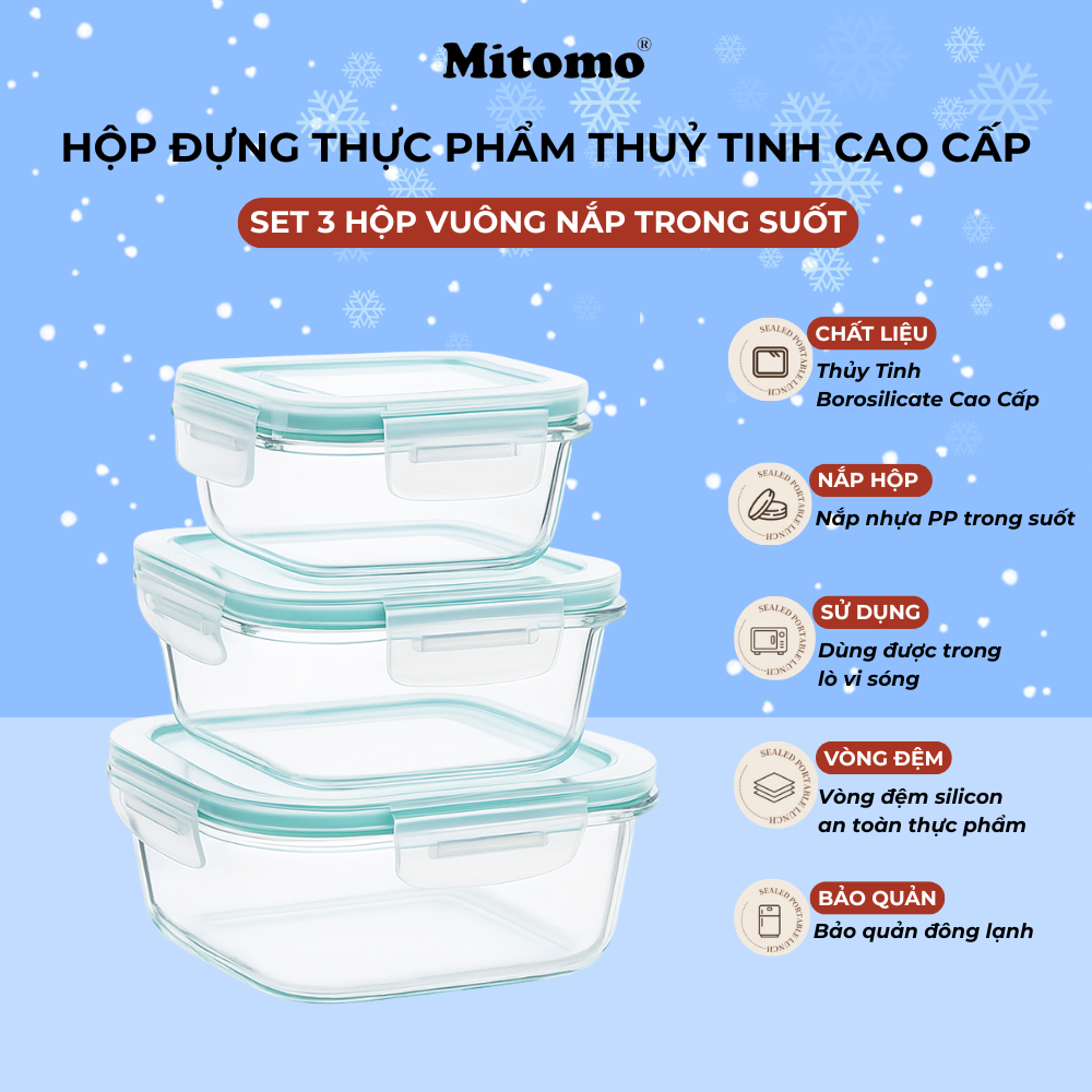 Bộ 3 Hộp Thuỷ Tinh Nắp Trong Suốt Hình Vuông Đựng Phực Phẩm Cao Cấp Mitomo