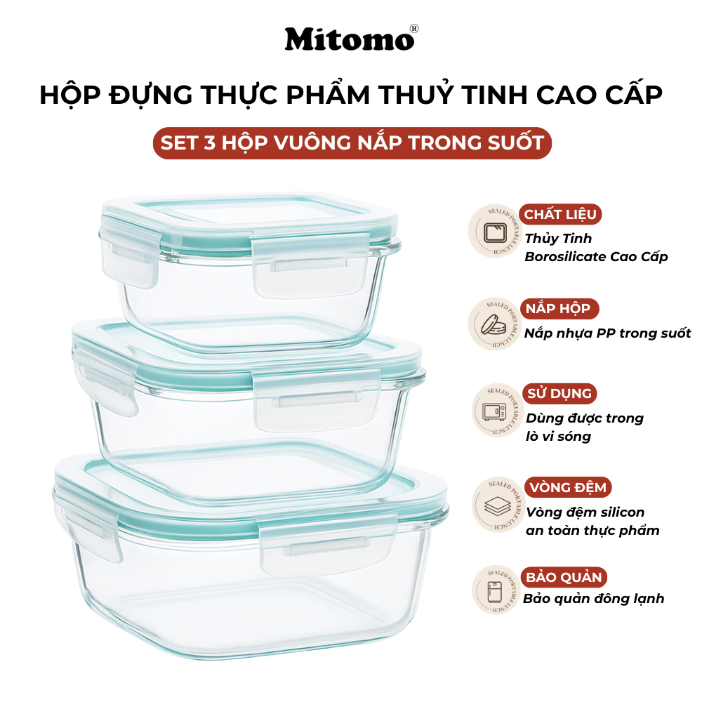 Bộ 3 Hộp Thuỷ Tinh Nắp Trong Suốt Hình Vuông Đựng Phực Phẩm Cao Cấp Mitomo