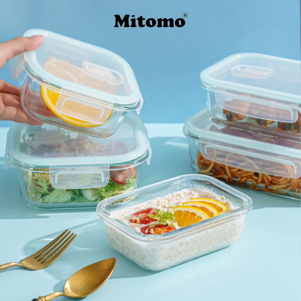 Bộ 3 Hộp Thuỷ Tinh Nắp Trong Suốt Hình Vuông Đựng Phực Phẩm Cao Cấp Mitomo