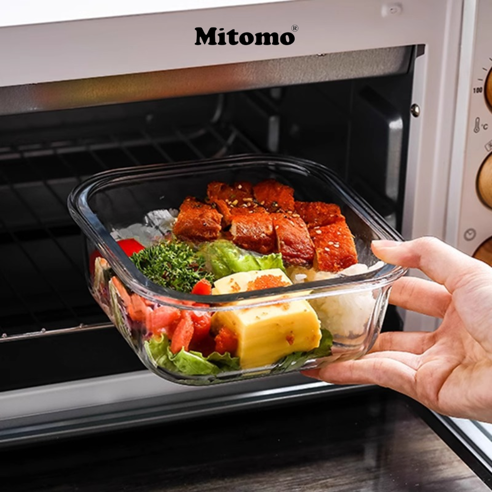 Bộ 3 Hộp Thuỷ Tinh Nắp Trong Suốt Hình Vuông Đựng Phực Phẩm Cao Cấp Mitomo