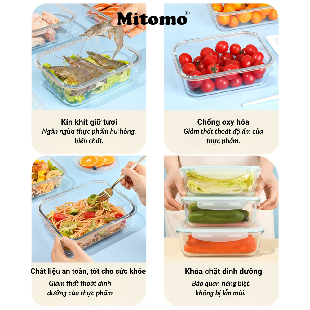 Bộ 3 Hộp Thuỷ Tinh Nắp Trong Suốt Hình Vuông Đựng Phực Phẩm Cao Cấp Mitomo