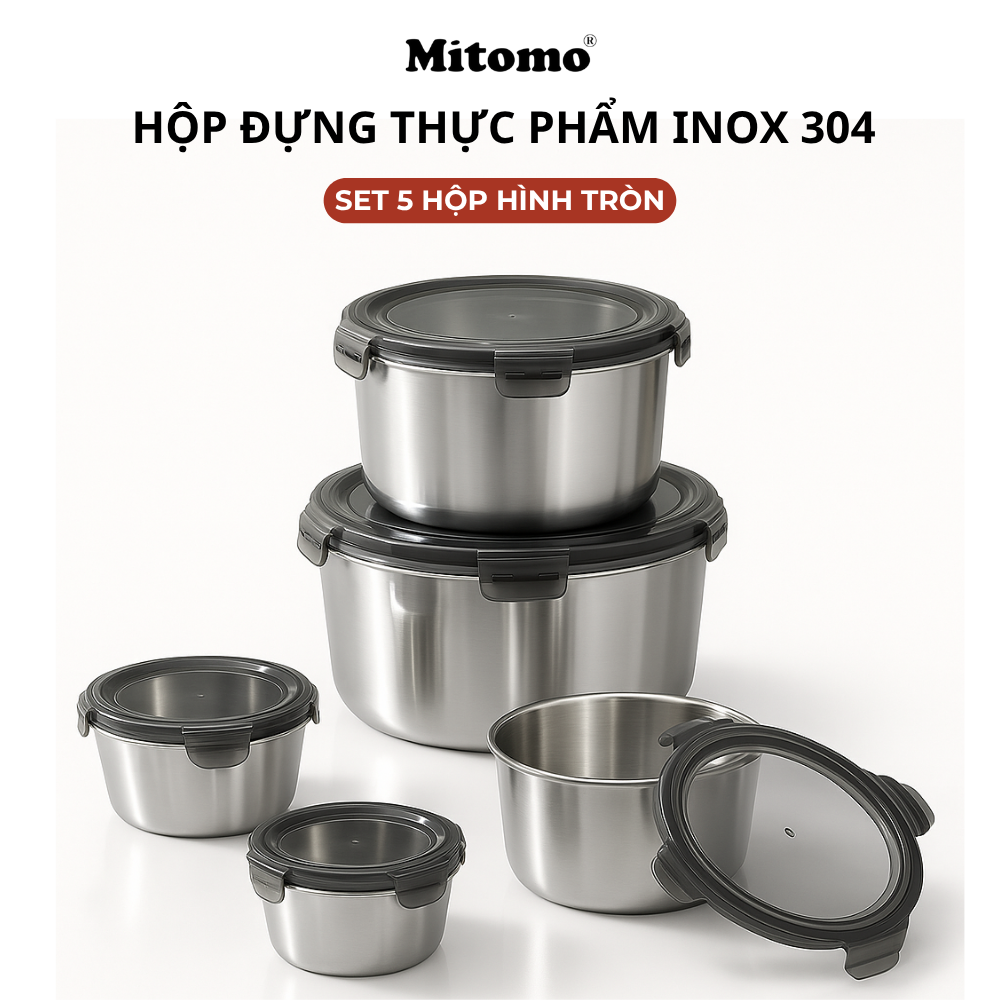 Bộ 5 Hộp Bảo Quản Thực Phẩm Inox 304 Hình Tròn – Kín Hơi, An Toàn, Bền Đẹp