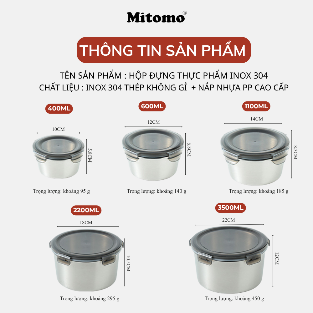 Bộ 5 Hộp Bảo Quản Thực Phẩm Inox 304 Hình Tròn – Kín Hơi, An Toàn, Bền Đẹp