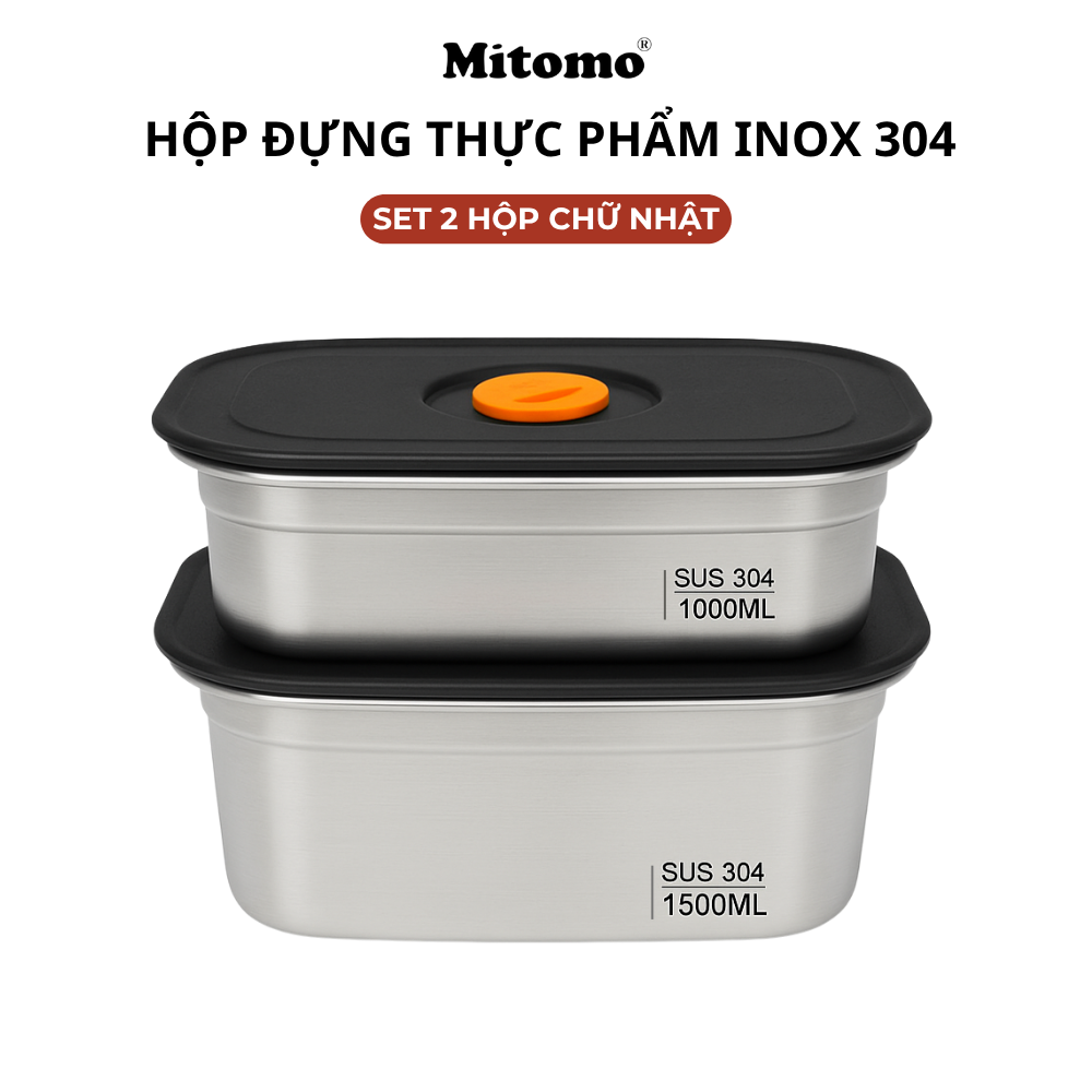 Bộ 2 Hộp Bảo Quản Thực Phẩm Inox 304 Hình Chữ Nhật –  Nắp Kín Hơi, An Toàn, Bền Đẹp, Tiện Lợi