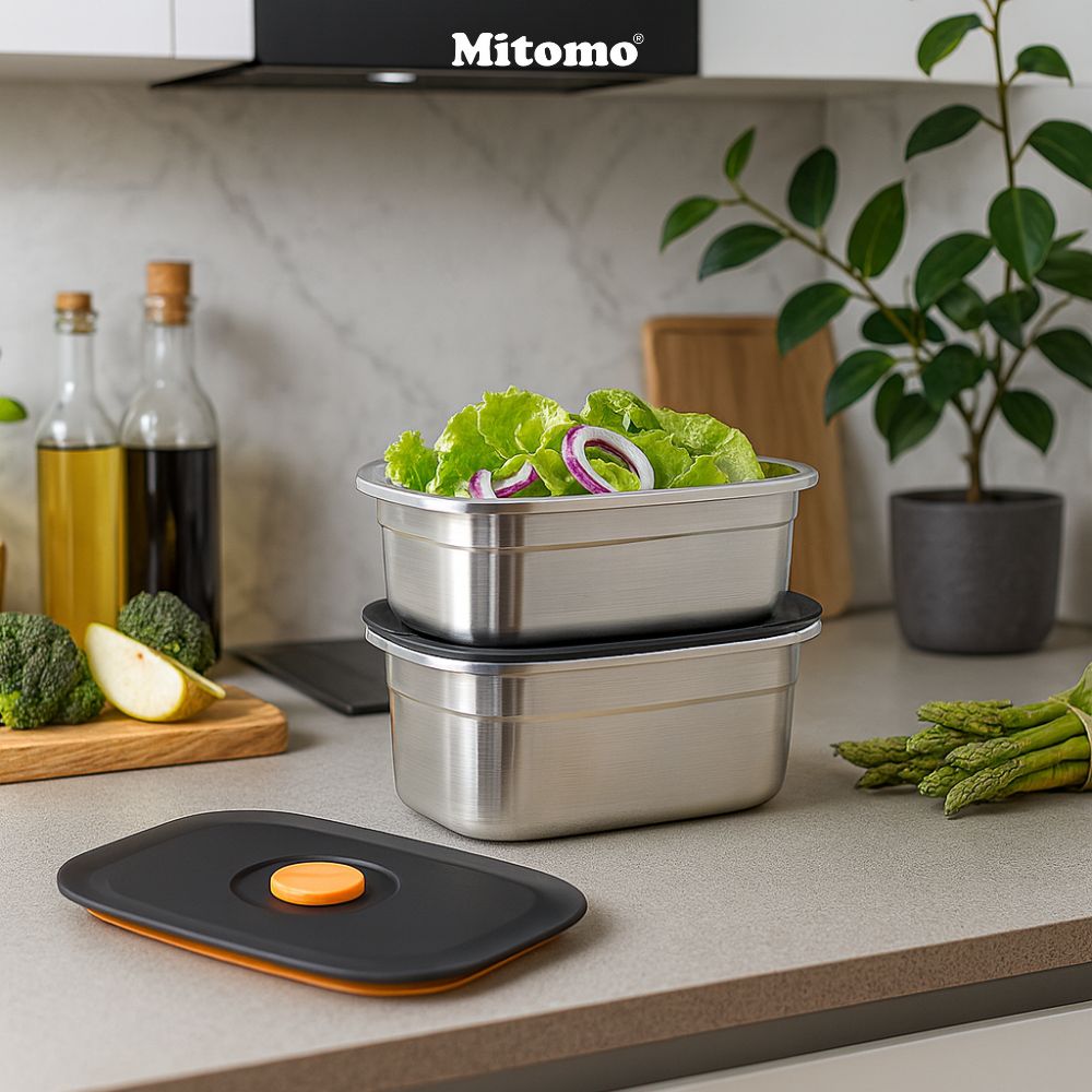 Bộ 2 Hộp Bảo Quản Thực Phẩm Inox 304 Hình Chữ Nhật –  Nắp Kín Hơi, An Toàn, Bền Đẹp, Tiện Lợi