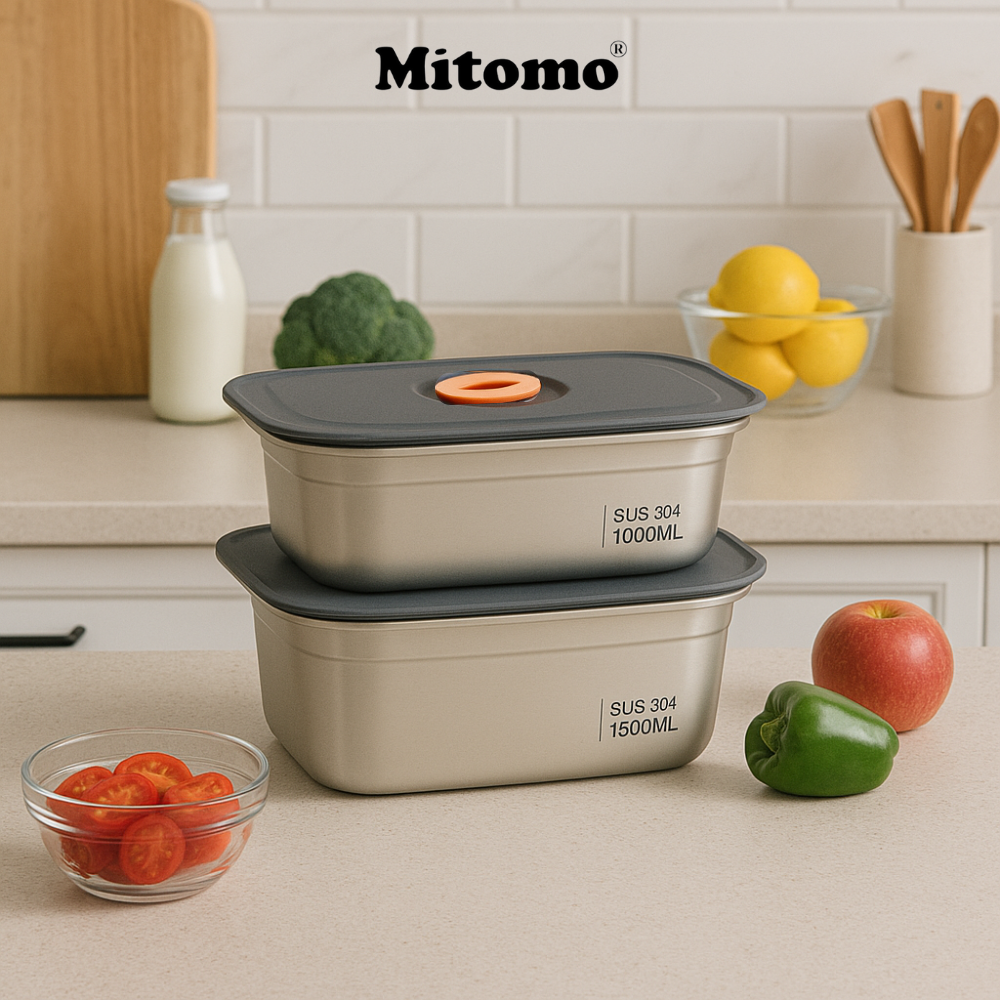 Bộ 2 Hộp Bảo Quản Thực Phẩm Inox 304 Hình Chữ Nhật –  Nắp Kín Hơi, An Toàn, Bền Đẹp, Tiện Lợi