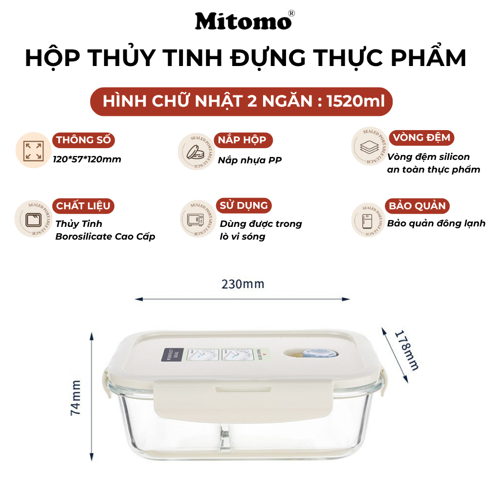 Bộ 3 Hộp Thuỷ Tinh Hình Chữ Nhật 2 Ngăn Đựng Phực Phẩm  Mitomo