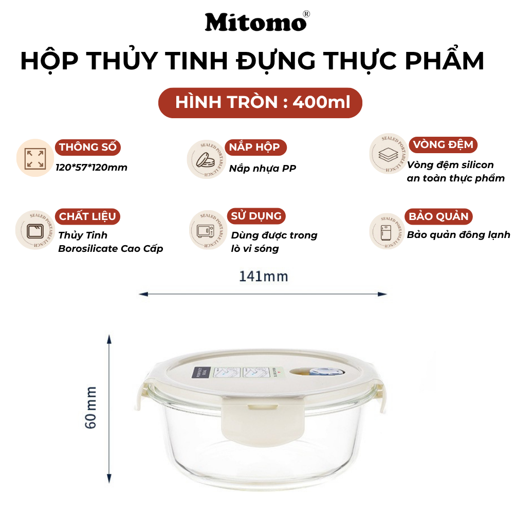 Bộ 4 Hộp Thuỷ Tinh Hình Tròn Đựng Phực Phẩm Cao Cấp Mitomo