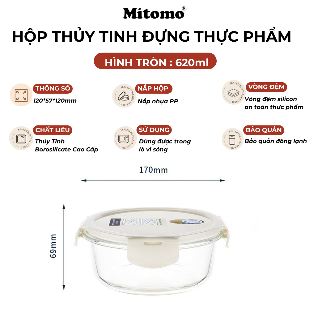 Bộ 4 Hộp Thuỷ Tinh Hình Tròn Đựng Phực Phẩm Cao Cấp Mitomo