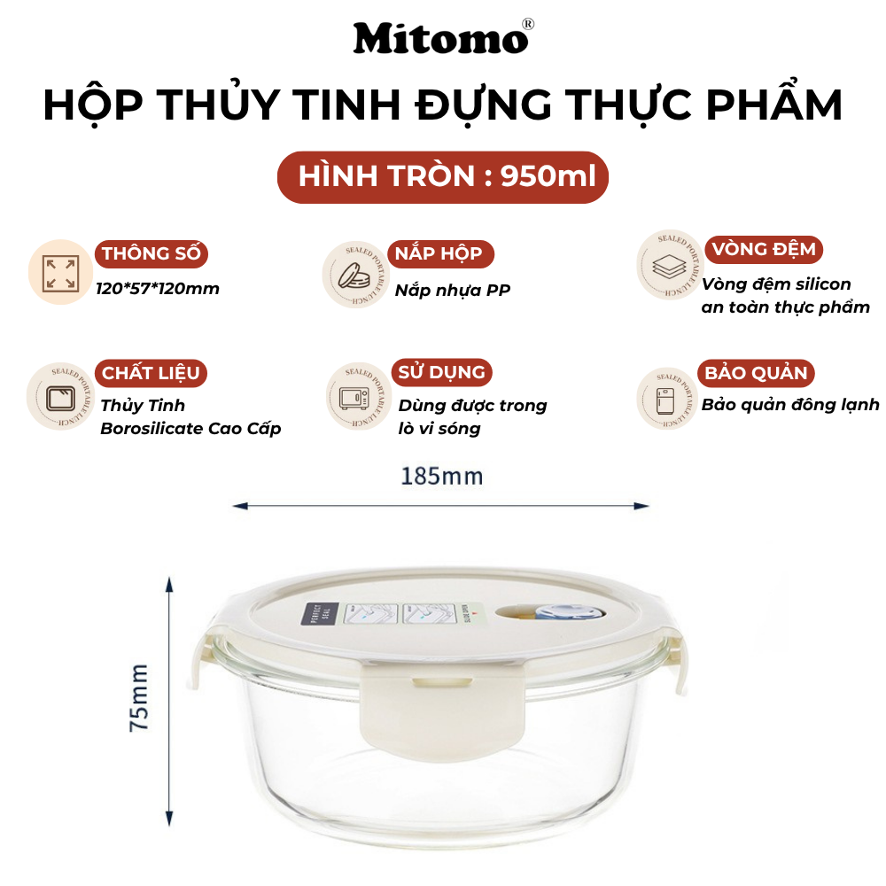 Bộ 4 Hộp Thuỷ Tinh Hình Tròn Đựng Phực Phẩm Cao Cấp Mitomo
