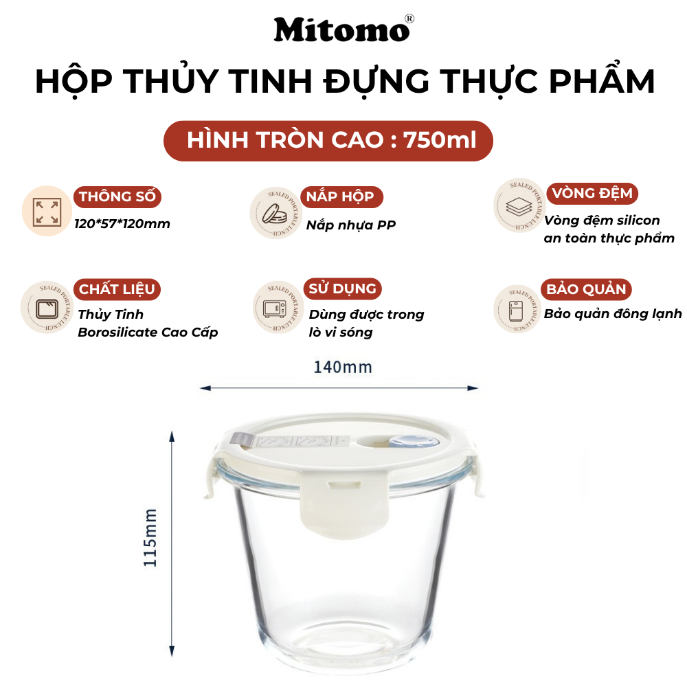 Bộ 4 Hộp Thuỷ Tinh Hình Tròn Đựng Phực Phẩm Cao Cấp Mitomo