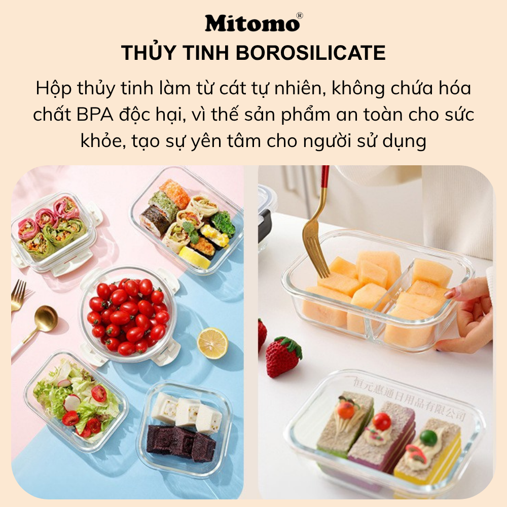 Bộ 4 Hộp Thuỷ Tinh Hình Tròn Đựng Phực Phẩm Cao Cấp Mitomo
