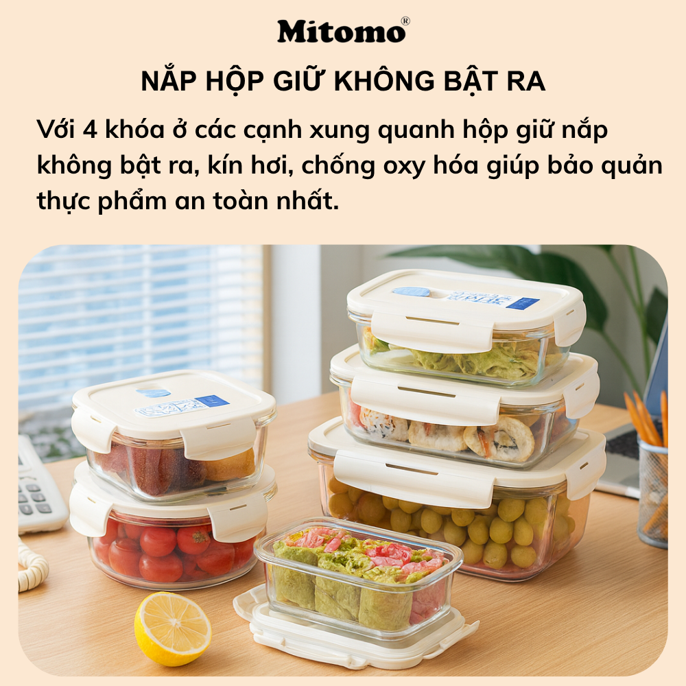 Bộ 4 Hộp Thuỷ Tinh Hình Tròn Đựng Phực Phẩm Cao Cấp Mitomo