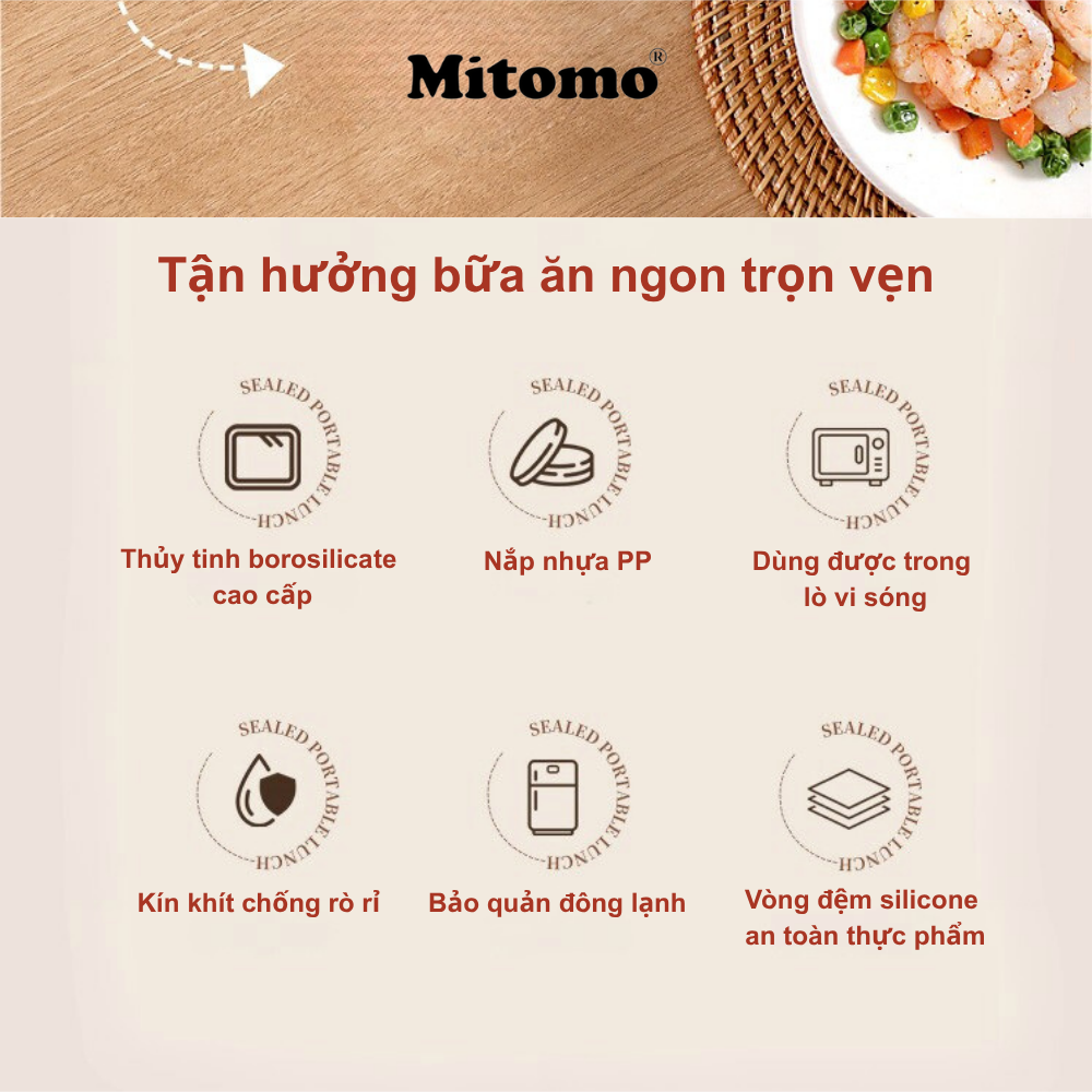 Bộ 3 Hộp Thuỷ Tinh Nắp Trong Suốt Hình Vuông Đựng Phực Phẩm Cao Cấp Mitomo