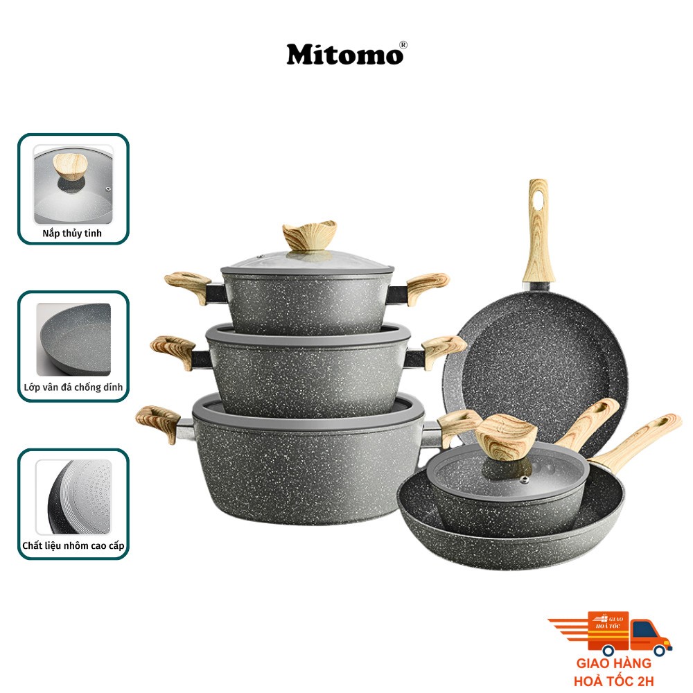 Bộ nồi chảo chống dính vân đá 6 món cao cấp Mitomo Queen Time