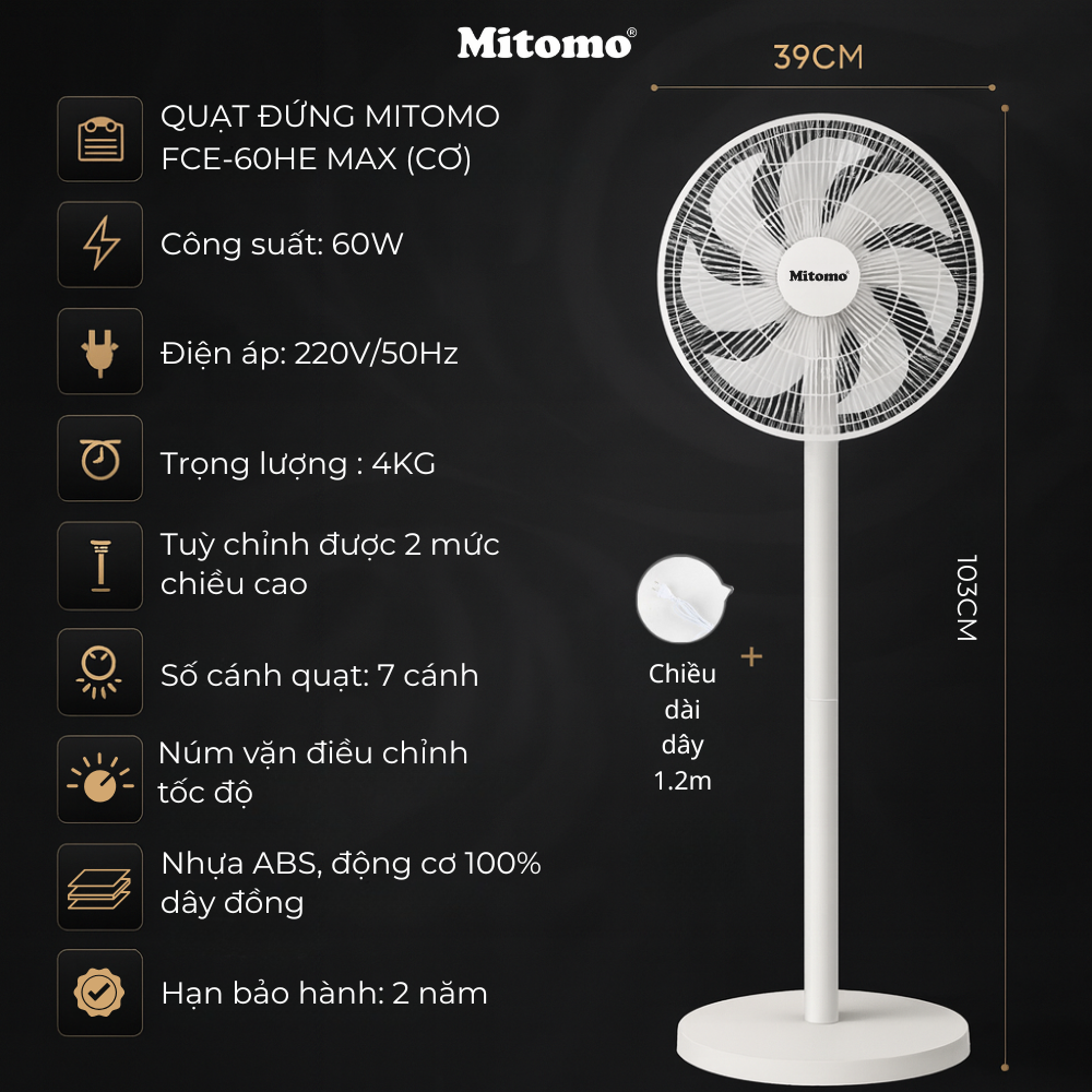 Quạt Đứng Cao Cấp Mitomo FCE-60HE Max - Phím cơ, hoạt động siêu êm ái