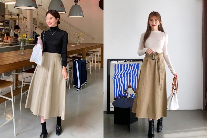 Cách phối đồ với chân váy xòe dài mùa đông