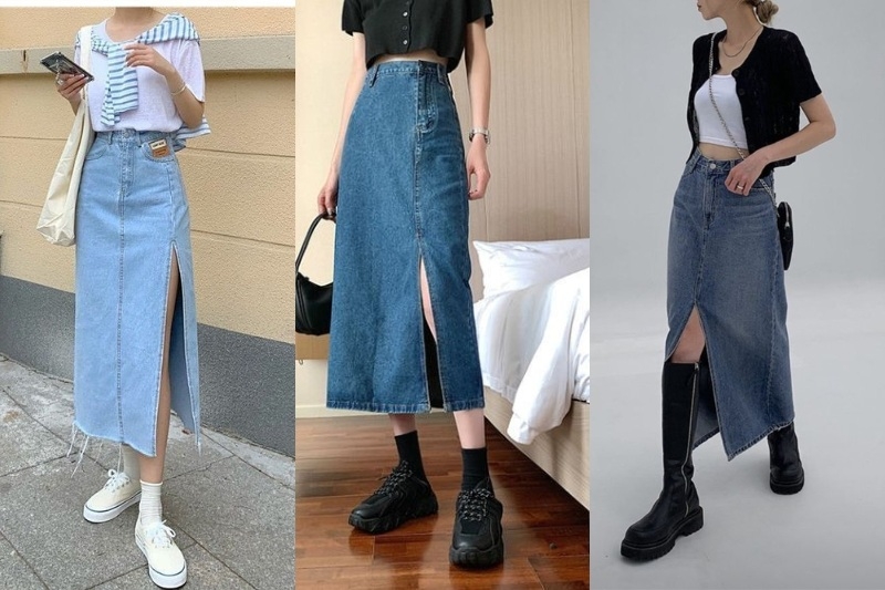 Cách phối đồ với chân váy Jean dài chuẩn trend