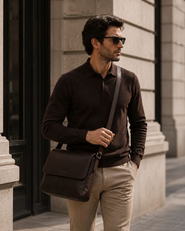 Túi messenger nam bằng da kết hợp với trang phục smart casual