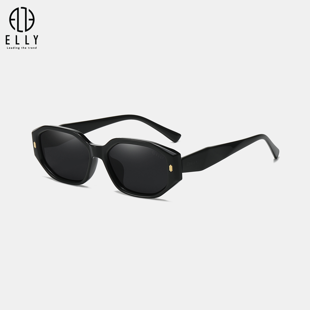Gọng trước gắn chi tiết sọc kim loại màu vàng tinh tế, tạo điểm nhấn sang trọng; tên thương hiệu ELLY được khắc trên mắt kính và gọng kính, khẳng định dấu ấn thương hiệu.