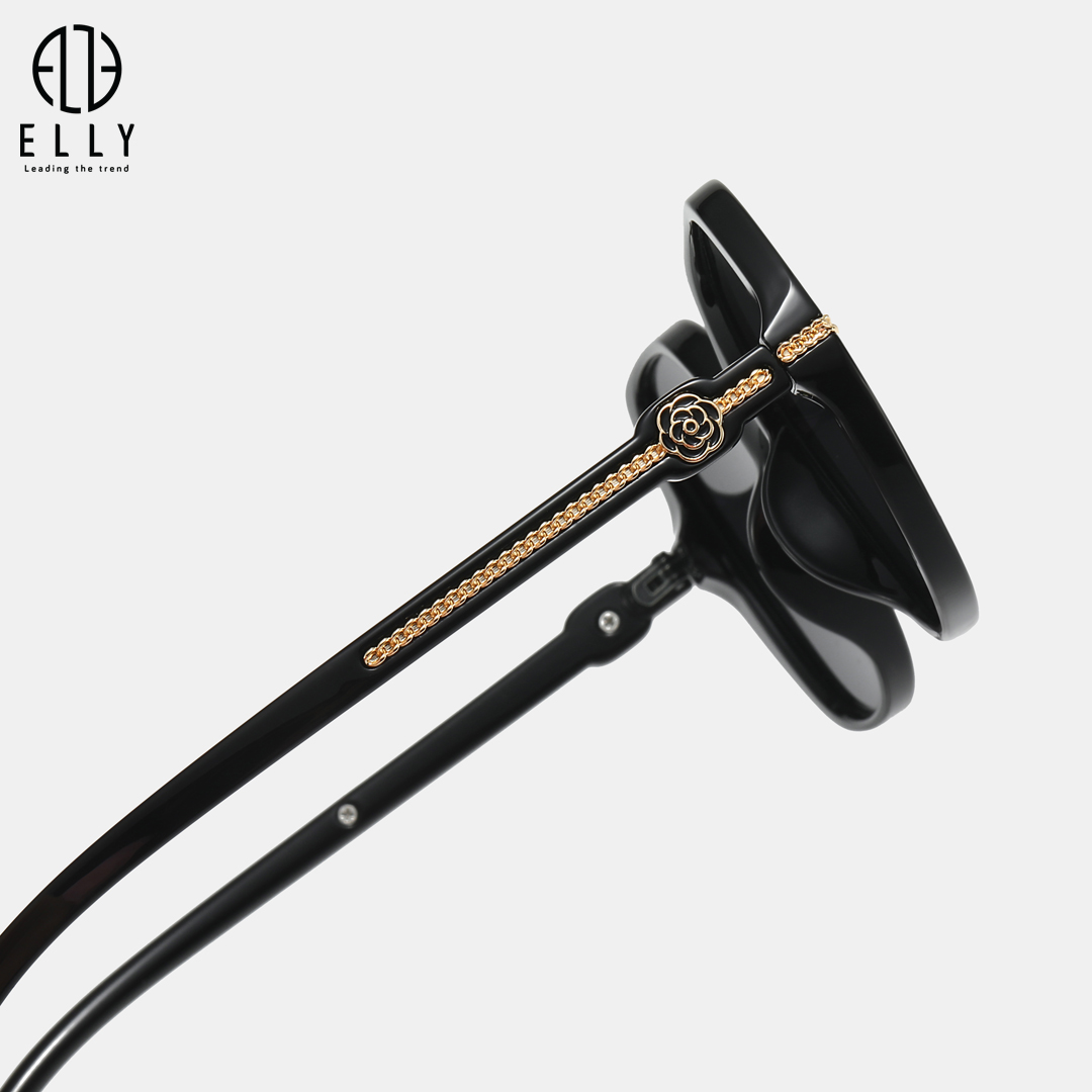 Càng kính thanh mảnh, thiết kế tinh tế với chi tiết hoa trà kim loại sang trọng, viền kim loại chi tiết móc nối màu vàng tạo điểm nhấn cao cấp