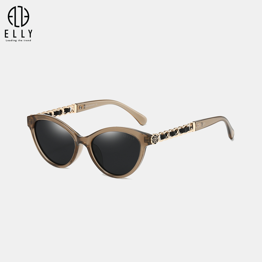Tên thương hiệu ELLY được khắc trên mắt kính và gọng kính, khẳng định giá trị và tính chính hãng của sản phẩm.
